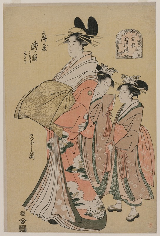 Chōbunsai Eishi - The Courtesan Takihime and Attendants (from the series New Patterns of Young Greens)