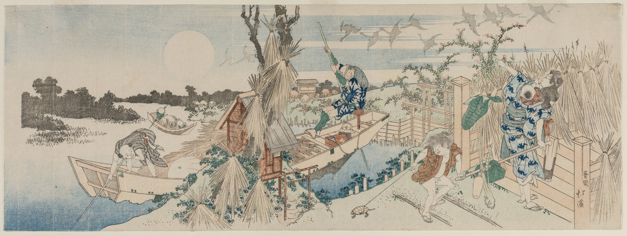 Totoya Hokkei - Landscape with Ferry Boat, Geese and Full Moon