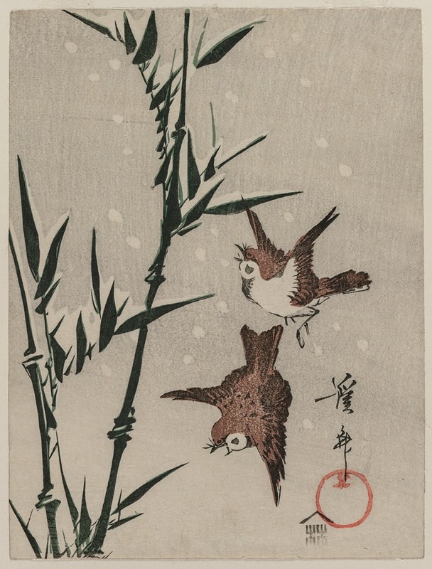 Keisai Eisen - Sparrows, Bamboo and Falling Snow