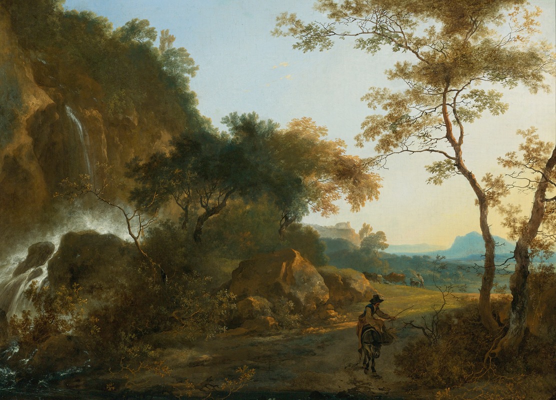 Adam Pynacker - An Italianate Landscape With A Traveller On A Path By A Waterfall