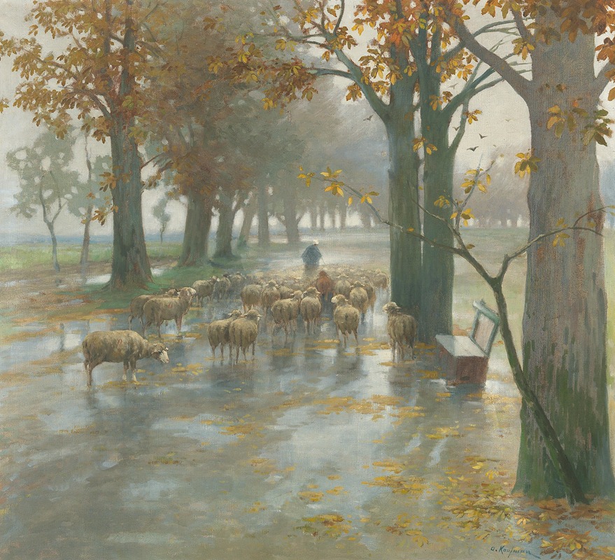 Adolf Kaufmann - Flock Of Sheep With Shepherdess On A Rainy Day