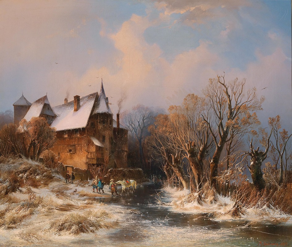 Adolf Stademann - River Landscape In Winter With House And Decorative Figures