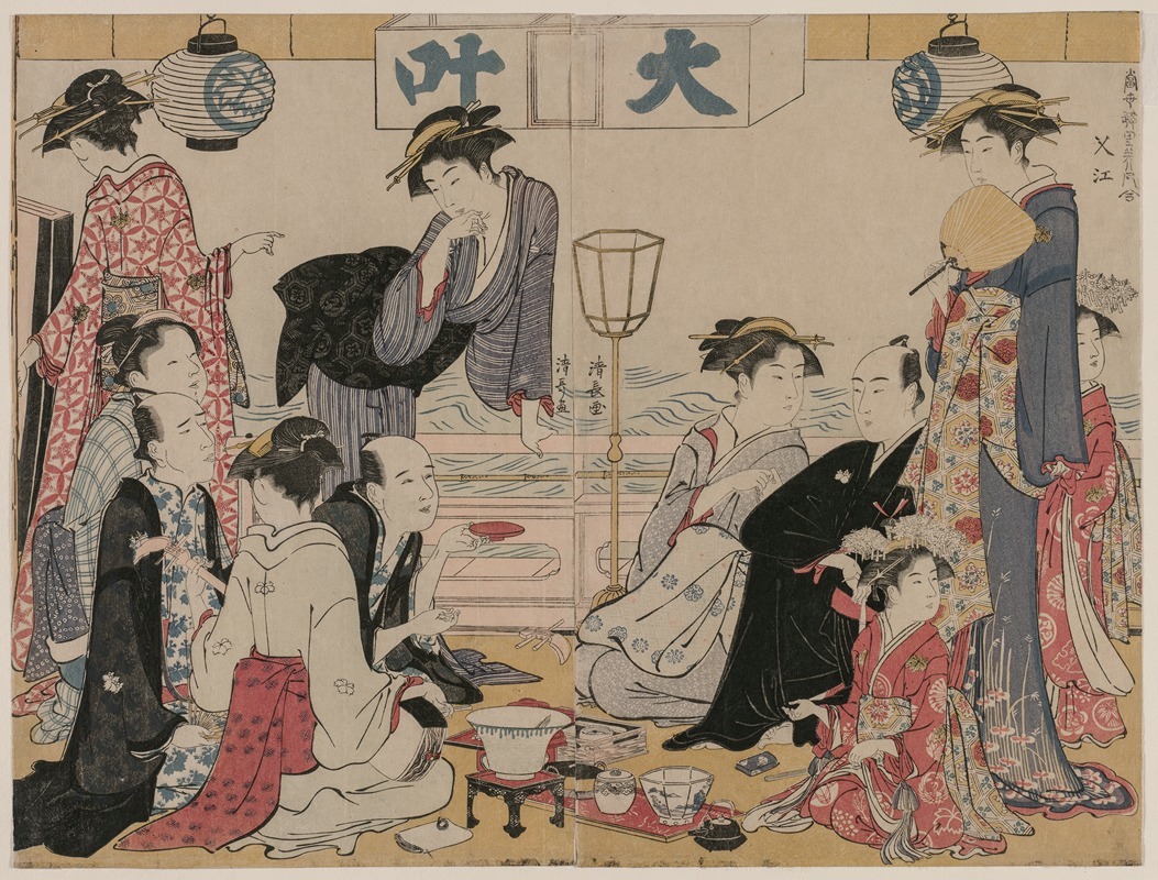 Torii Kiyonaga - Entertainment on a Balcony by the Water at Nakasu, from the series, A Collection of Beautiful Modern Women of the Pleasure Quarters