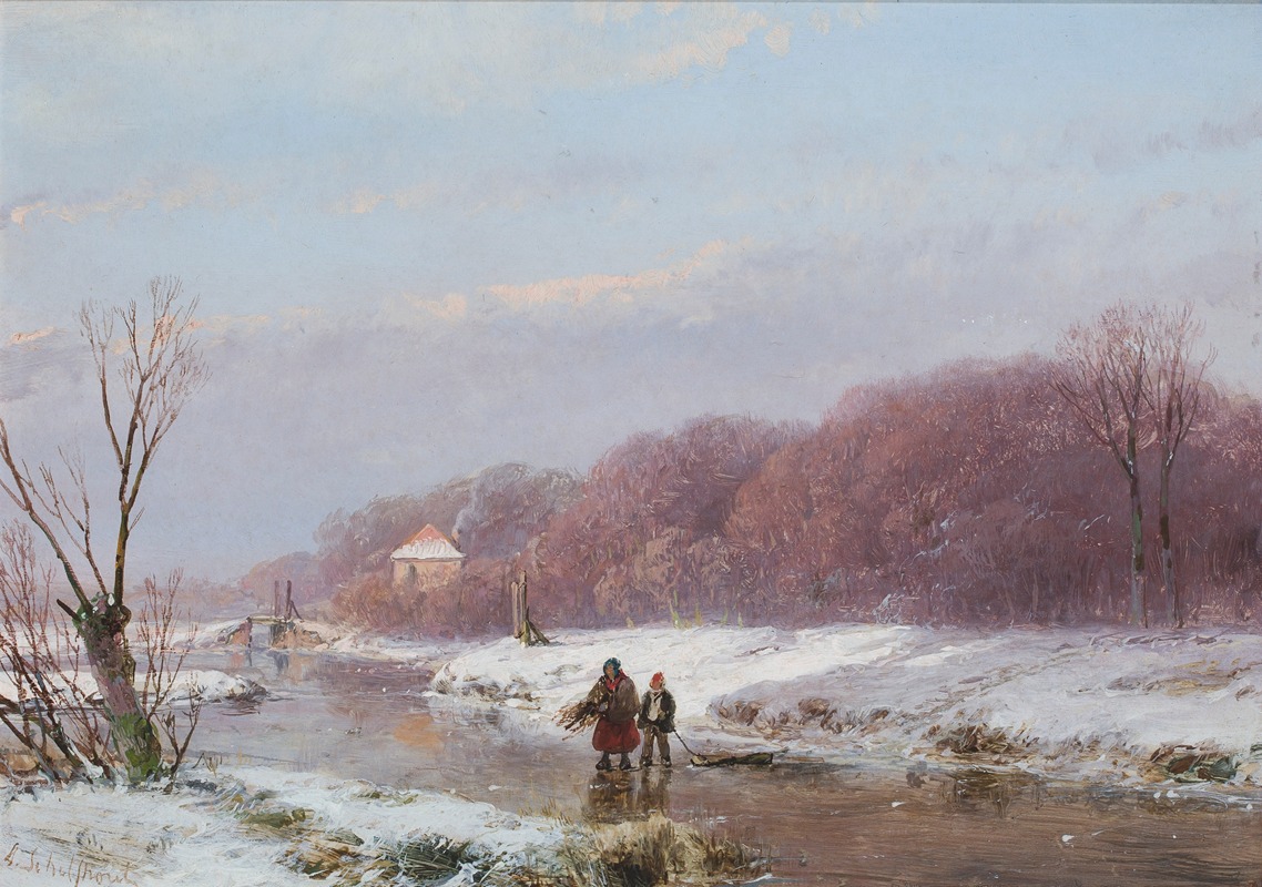 Andreas Schelfhout - A winter Landscape With Wood Gatherers On The Ice