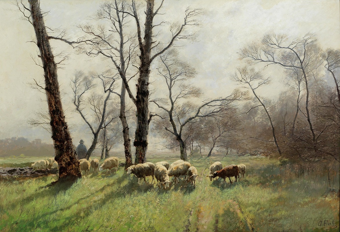 August Fink - Shepherd With His Flock In The Evening Light