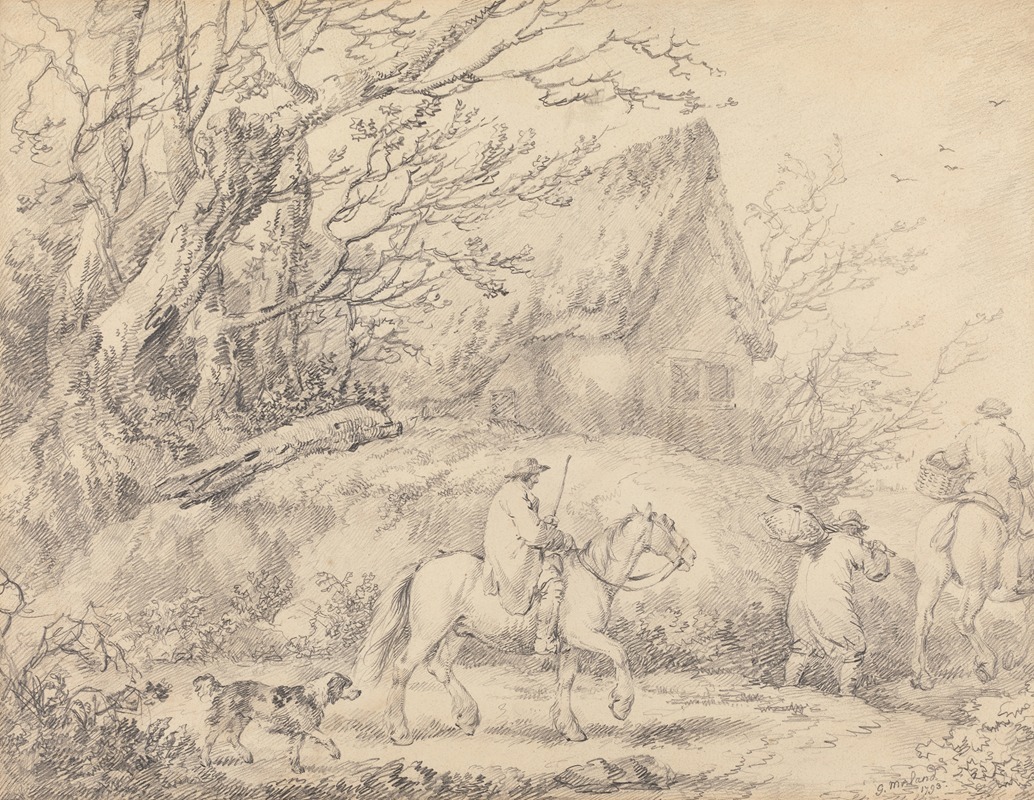 George Morland - Landscape with Cottage and Figures on Horseback