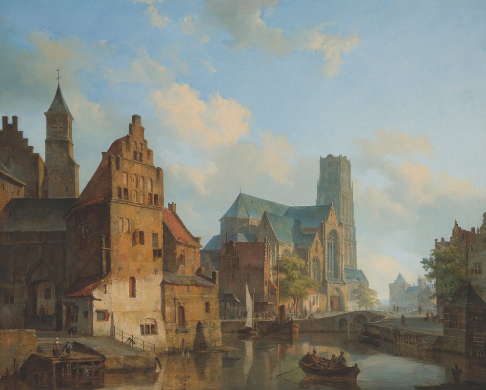 Cornelis Springer - A View Of The Delftse Vaart And St Laurens Church, Rotterdam