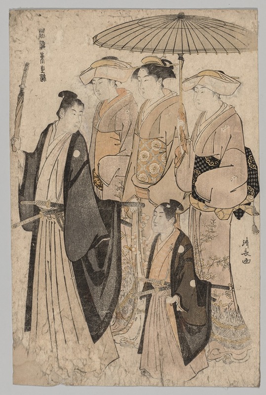 Torii Kiyonaga - Woman of the Yoshiwara and Attendants (from the series Brocades of the East in Fashion)