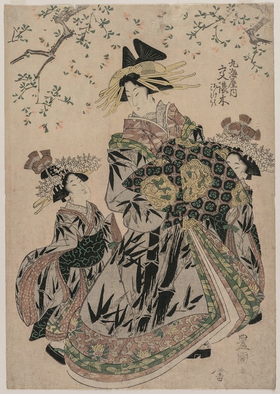 Toyokuni Utagawa - The Courtesan Katakoshigi (?) of Maruebiya with her Kamuro Ageha and Midori