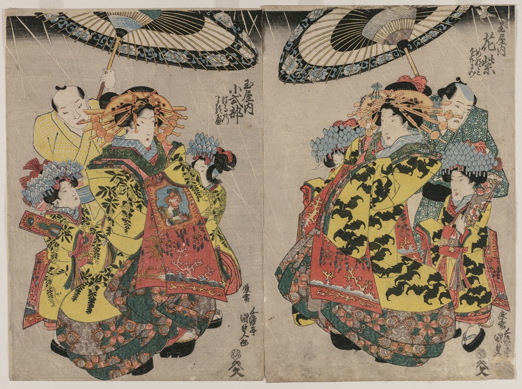Utagawa Kunisada (Toyokuni III) - The Courtesans Hanamurasaki and Koshikibu of the Tamaya Promenading in the Rain