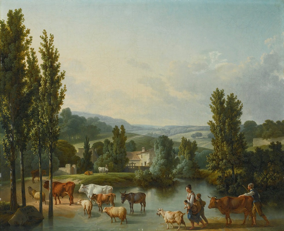 Jean-Baptiste Huet - A Shepherd And His Family With Their Livestock Fording A Stream In An Extensive Landscape