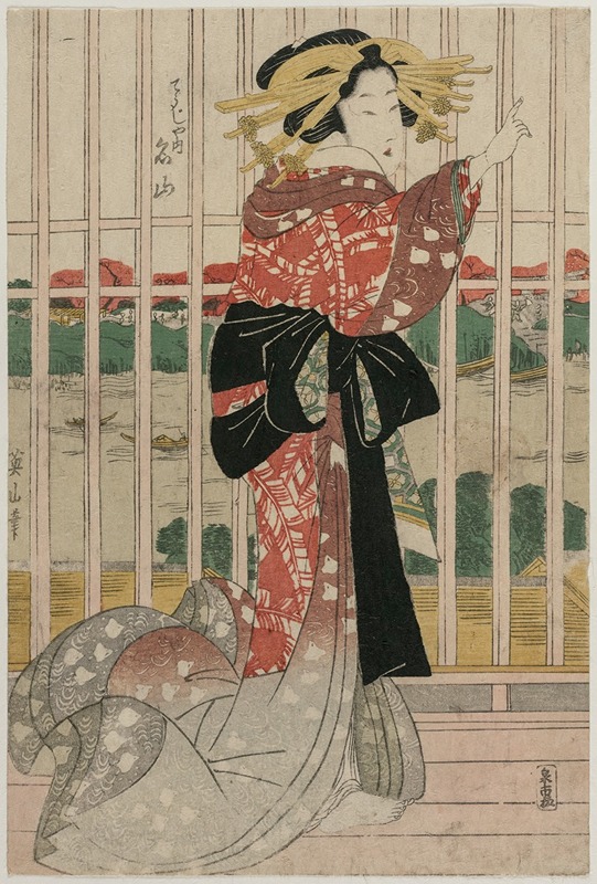 Kikukawa Eizan - The Courtesan Meizan of the Chojiya on a Balcony Overlooking the Sumida River