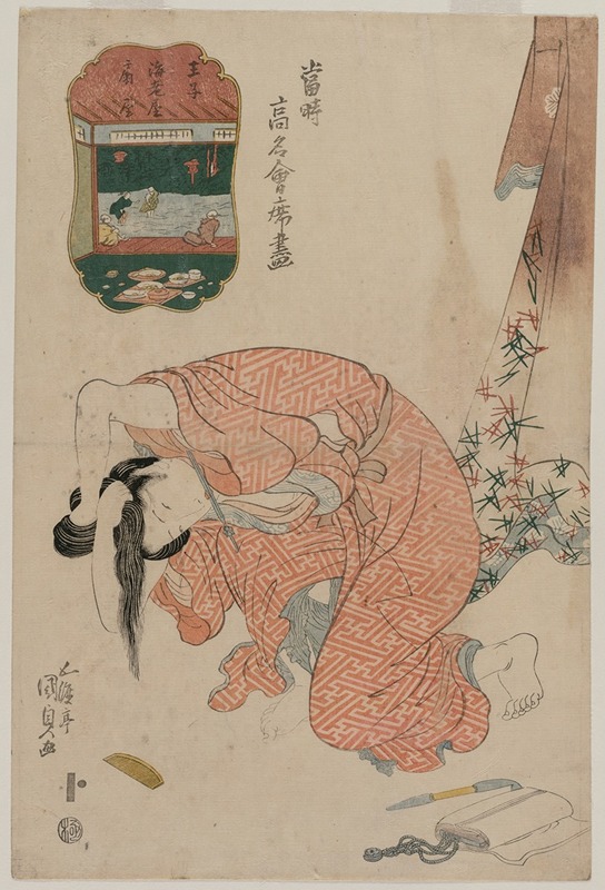 Utagawa Kunisada (Toyokuni III) - Woman Tying Her Hair (from the series Famous Restaurants of the Present Day)
