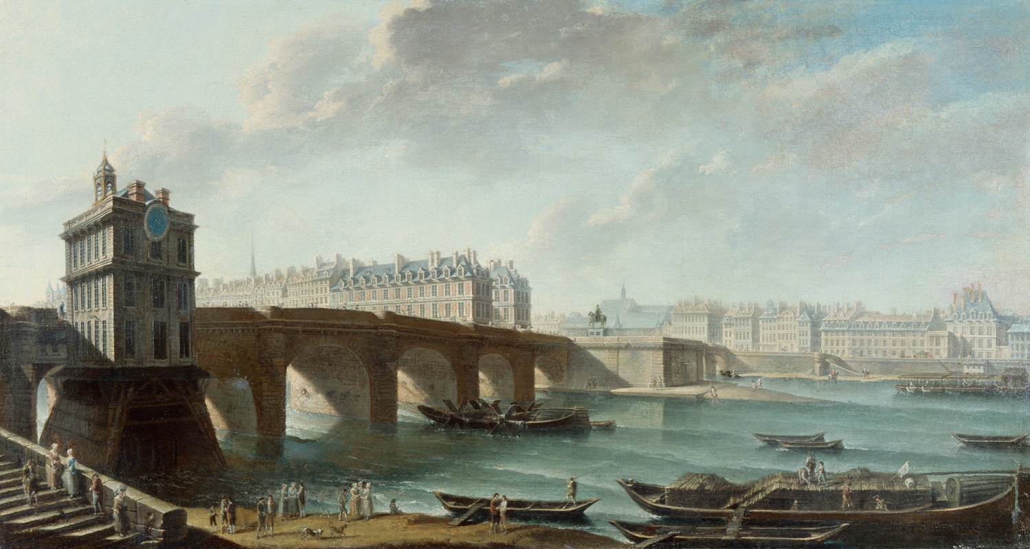 Nicolas Jean-Baptiste Raguenet - La Pompe de la Samaritaine, le Pont-Neuf et l’île de la Cité, le quai de Conti, vus du quai du Louvre