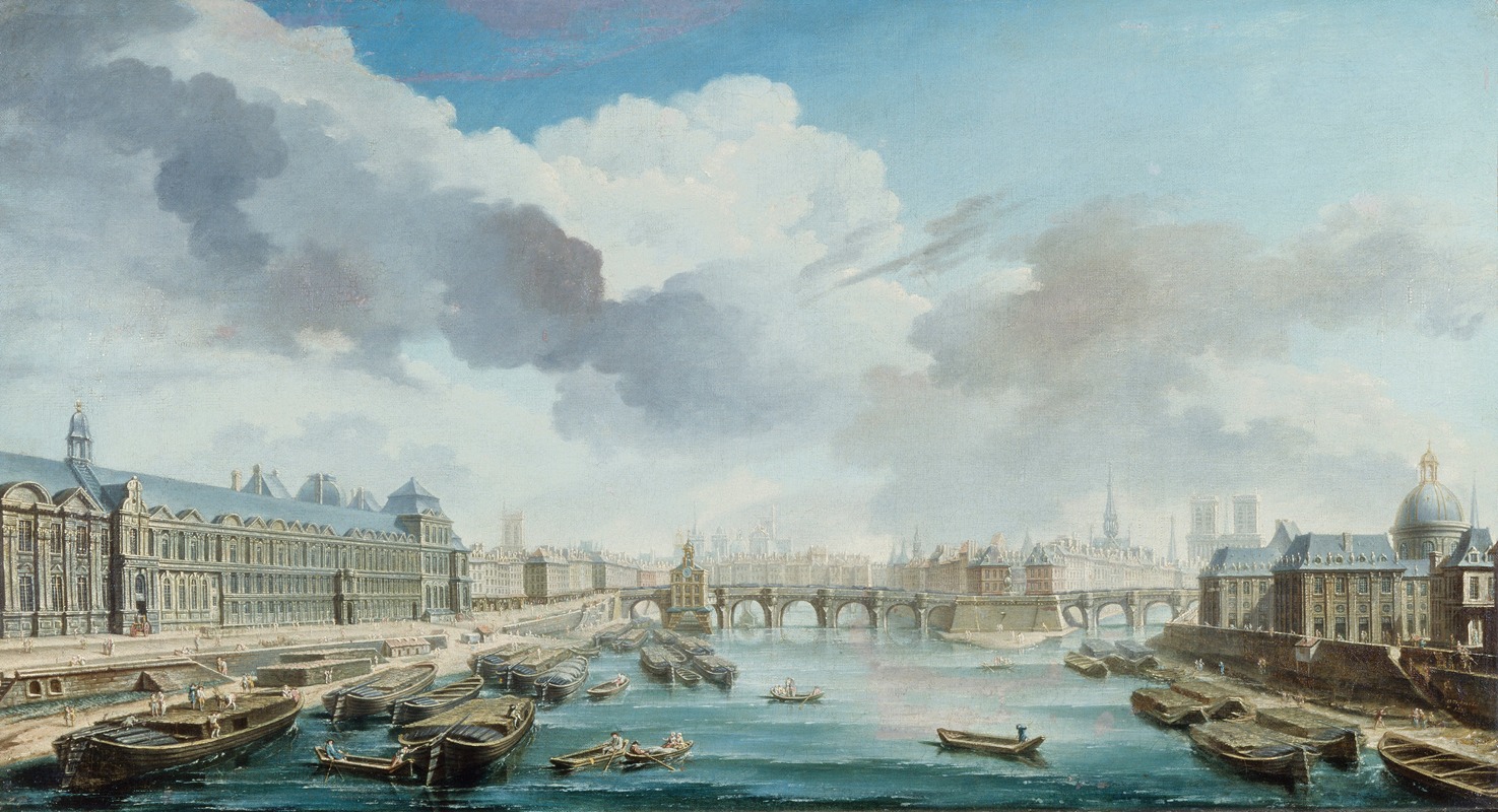 Nicolas Jean-Baptiste Raguenet - Le Louvre, le Pont-Neuf et le Collège des Quatre-Nations, actuel Institut de France, vus du pont Royal