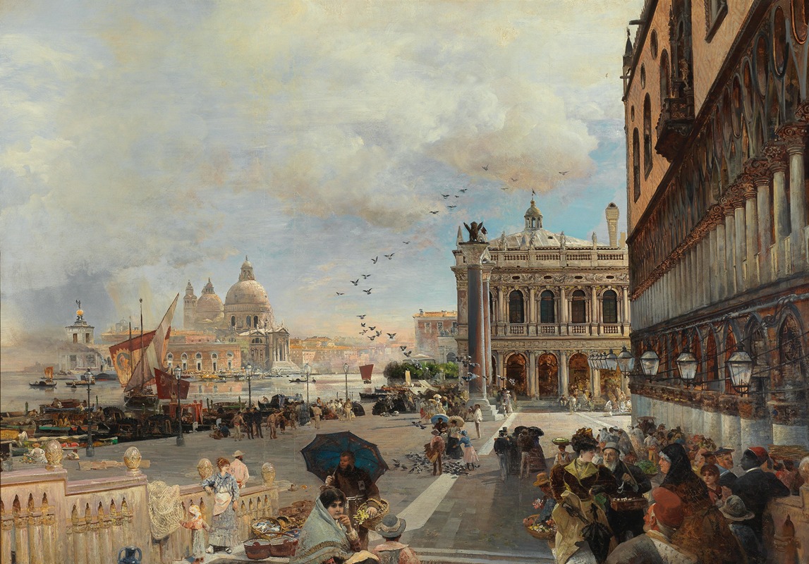 Oswald Achenbach - Venice, A View Of The Piazzetta, With The Biblioteca Marciana, Santa Maria Della Salute And The Dogana