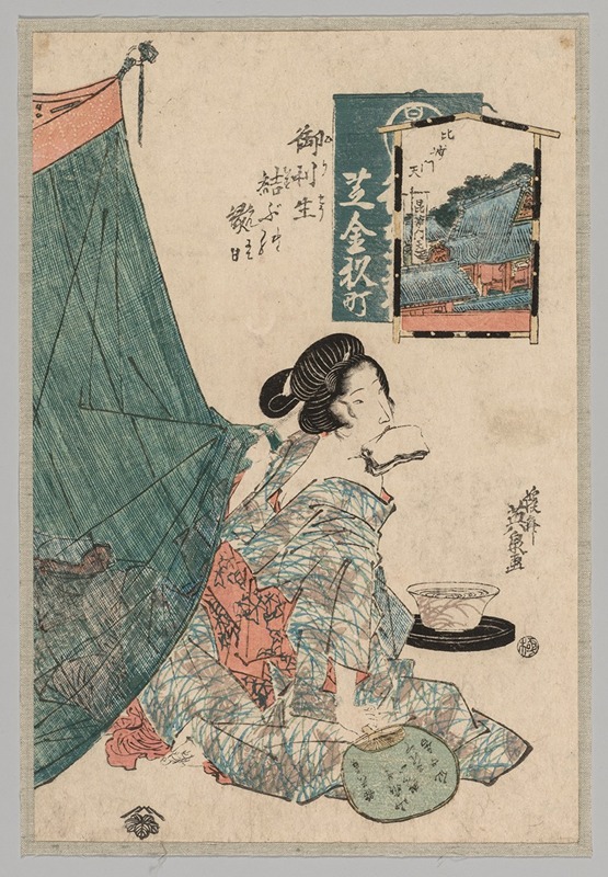 Keisai Eisen - Woman with Papers in Mouth and Fan in Hand