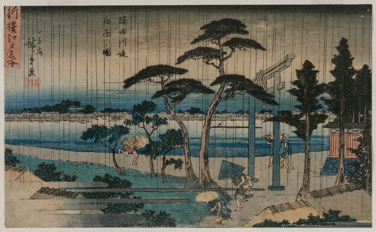 Andō Hiroshige - Picture of Light Rain on the Embankment of the Sumida River, from the series A New Selection of Famous Places in Edo