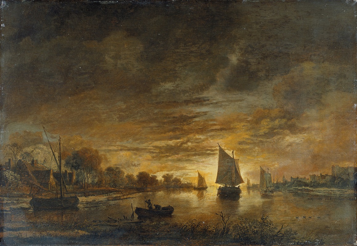 Aert van der Neer - River Landscape with Ships at Moonrise