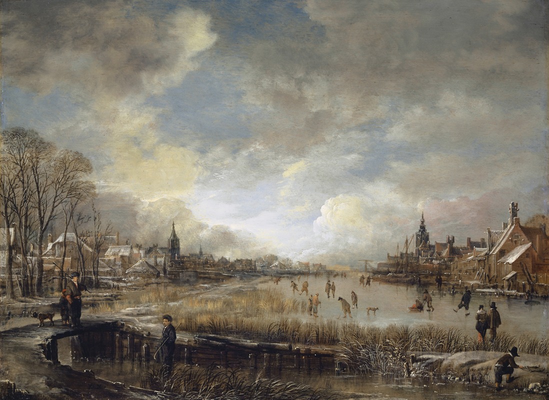 Aert van der Neer - Two Towns on a Frozen River with Golf Players and Ice Skaters
