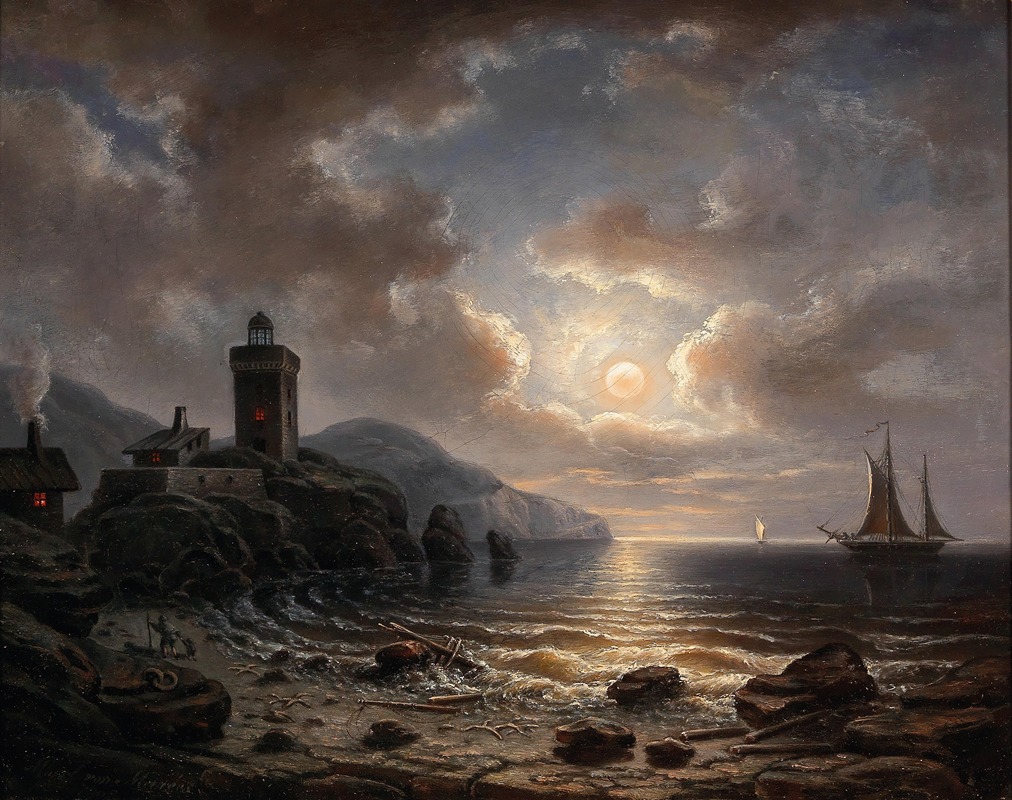 Albert De Marees - Coast At Night With Lighthouse