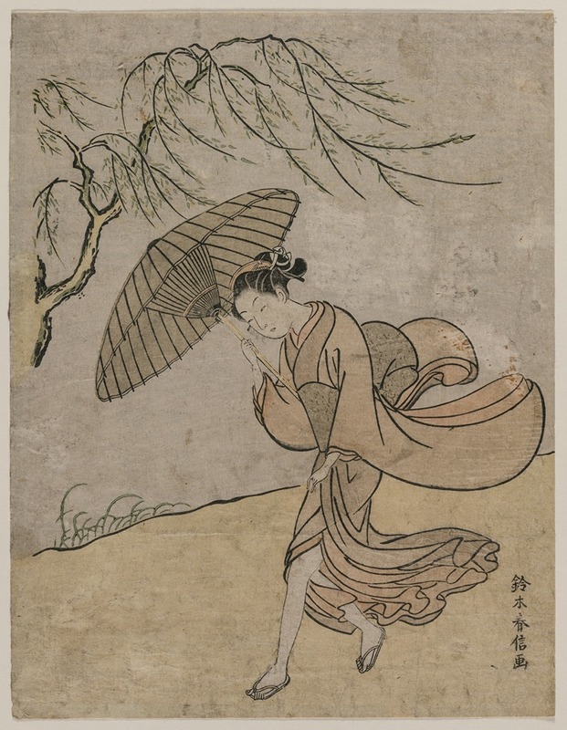 Suzuki Harunobu - Woman Running Past a Willow Tree in a Breeze