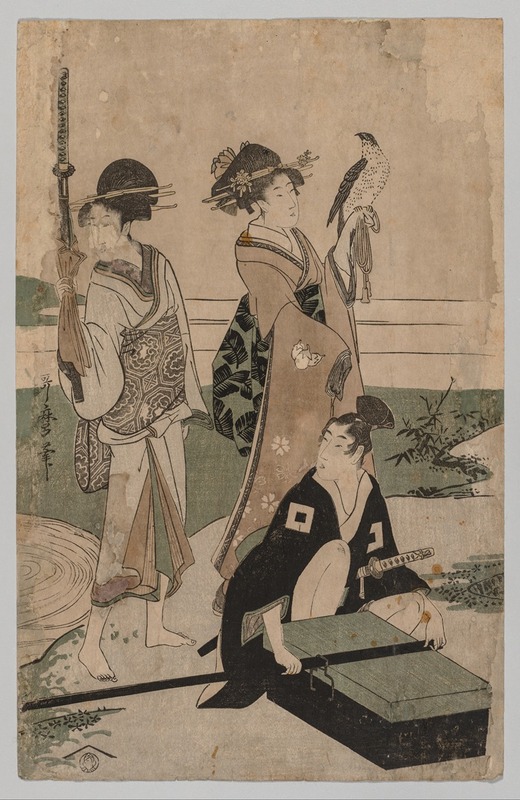 Kitagawa Utamaro - Daimyō and his Retinue Crossing a Stream in Plain Near Fuji