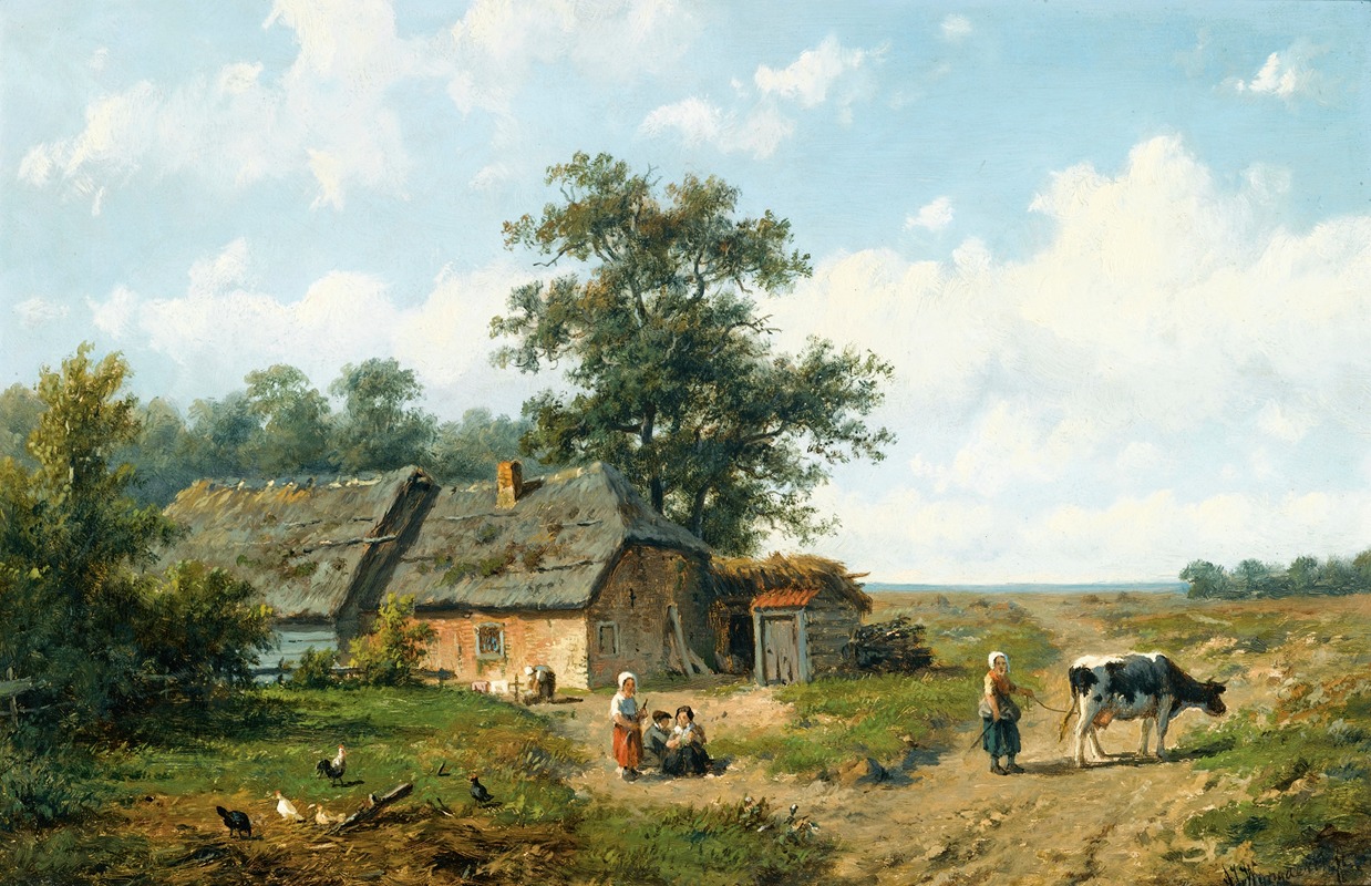 Anthonie Jacobus Van Wijngaerdt - Figures Outside A Cottage On A Sunny Day