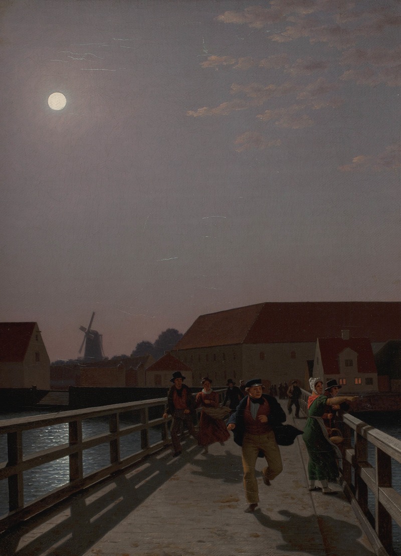 Christoffer Wilhelm Eckersberg - Langebro, Copenhagen, in the Moonlight with Running Figures