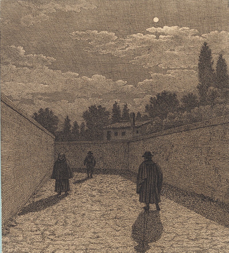 Christoffer Wilhelm Eckersberg - Måneskin over en vej med tre figurer. Illustration til ‘Linearperspectiven’, Tavle IV
