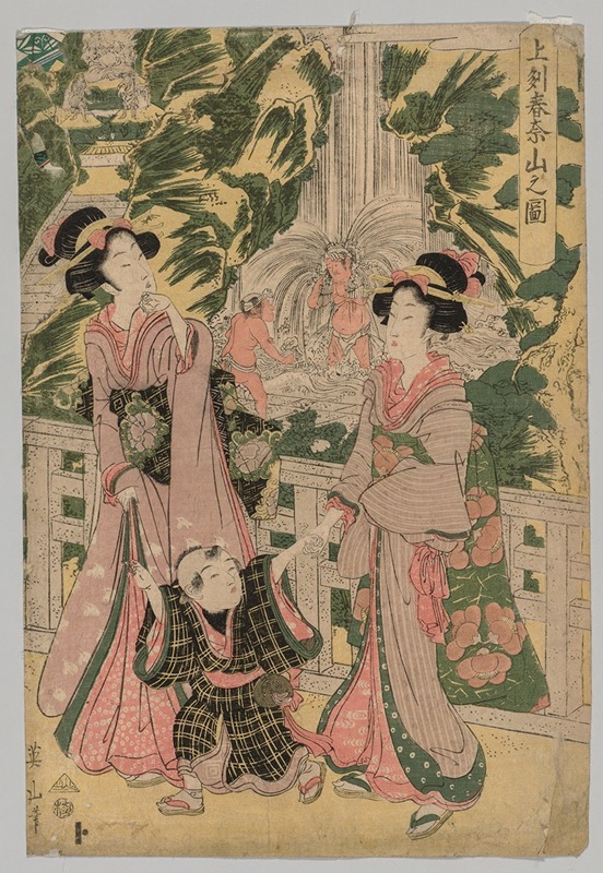 Kikukawa Eizan - Two Girls and Child on Temple Bridge