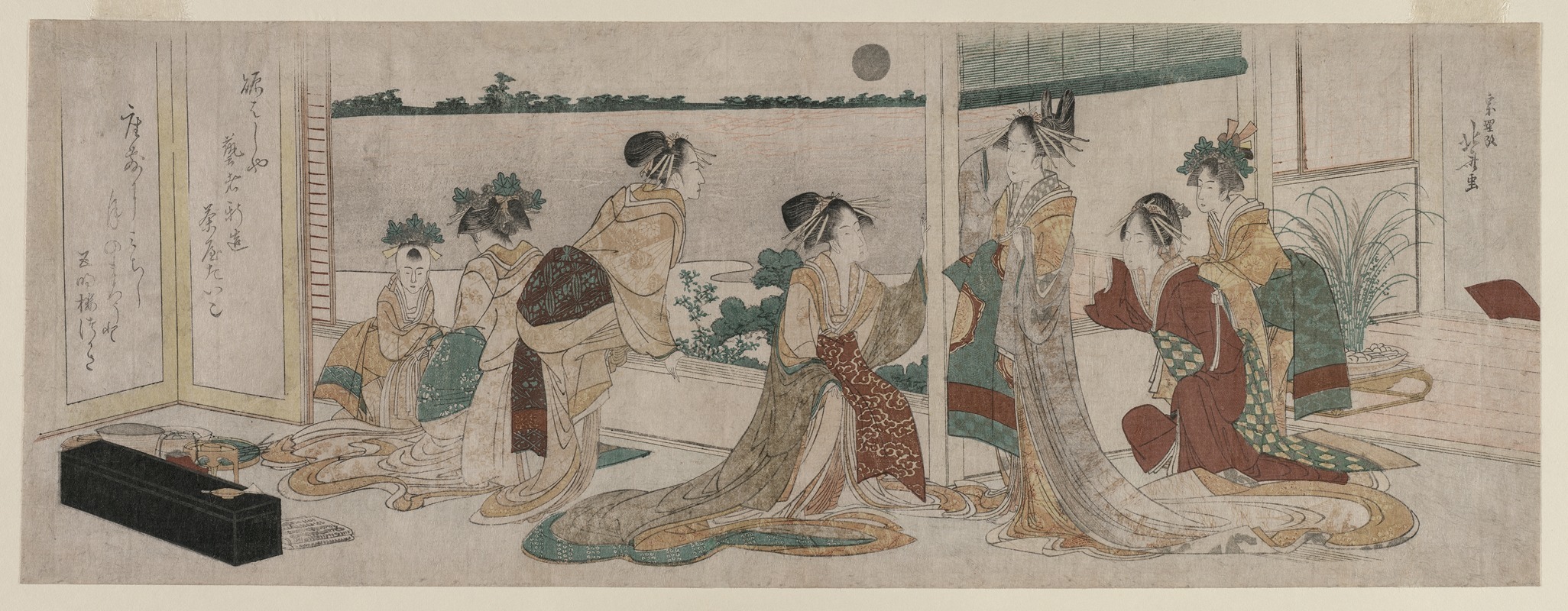 Katsushika Hokusai - Tsukasa and Other Courtesans of the Ogiya Watching the Autumn Moon Rise Over Rice Fields from a Balcony in the Yoshiwara