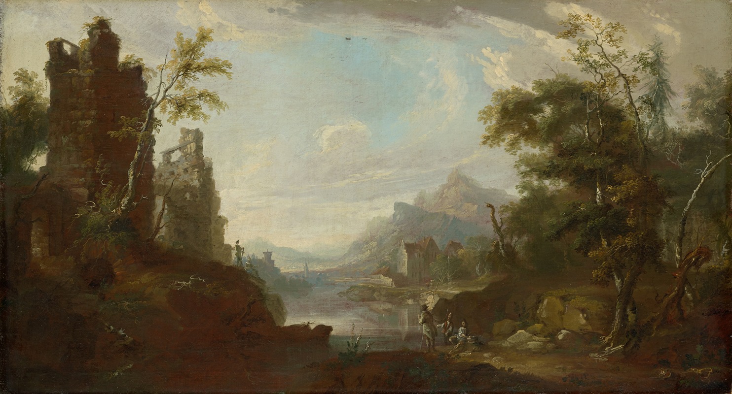 Caspar Wolf - Ruin of a Castle near a Lake with Fishermen