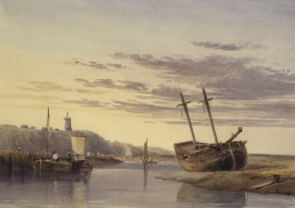 Charles Bentley - Fishing boats in Rye Harbour, with a windmill in the distance