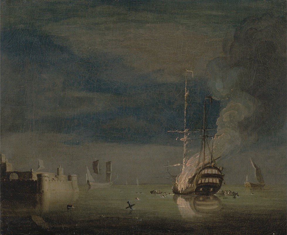 Charles Brooking - A Two-Decker on Fire at Night off a Fort