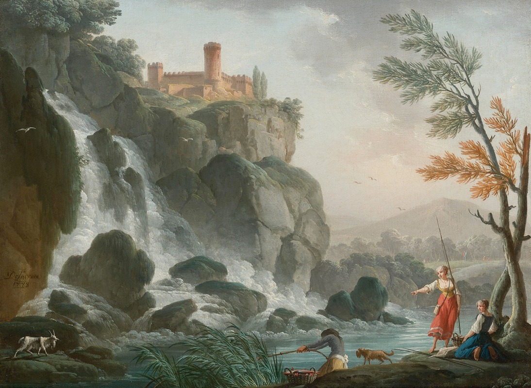 Charles-François Grenier De Lacroix - Fishing At The Edge Of A River With A Waterfall, Below A Castle