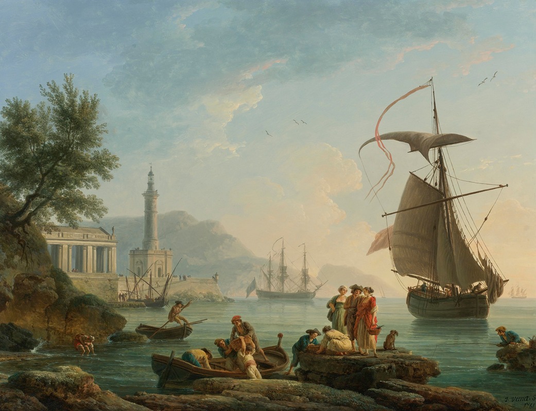 Claude-Joseph Vernet - A Mediterranean Harbor At Sunset With Fisherfolk At The Water’s Edge, A Lighthouse And A Man Of War At Anchor In The Bay