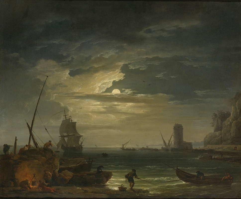 Claude-Joseph Vernet - A Mediterranean Inlet By Moonlight