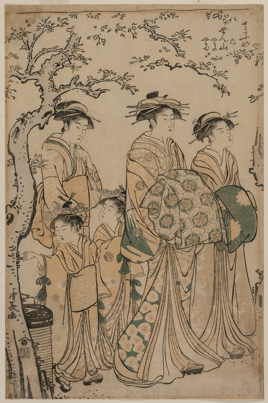 Torii Kiyonaga - The Courtesan Senzan of Chojiya Strolling with her Kamuro Yasono and Yasoji and Two Shinzo