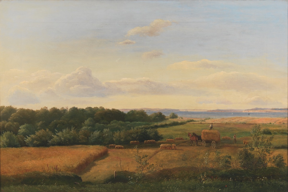 Dankvart Dreyer - A Funen Landscape at Harvest Time with Wedellsborghoved in the Background