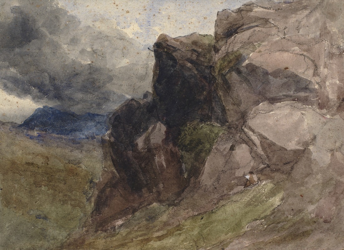 David Cox - Rocky landscape in Wales with figure drawing in the foreground to the right