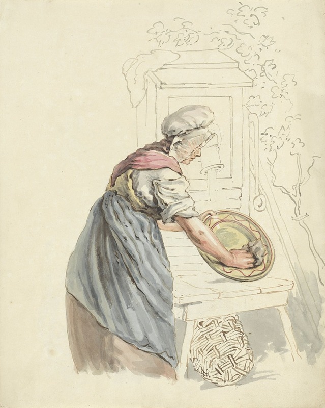 Pieter van Loon - Dienstmeid die bij een waterpomp een schaal afwast