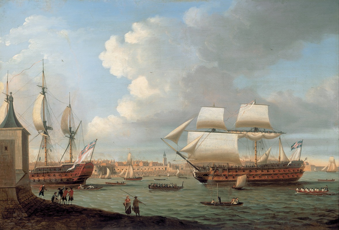 Dominic Serres - Foudroyant and Pégase entering Portsmouth Harbour, 1782