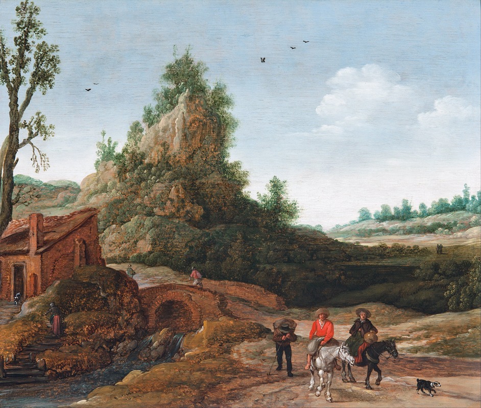 Esaias van de Velde - A landscape with travellers crossing a bridge before a small dwelling, horsemen in the foreground