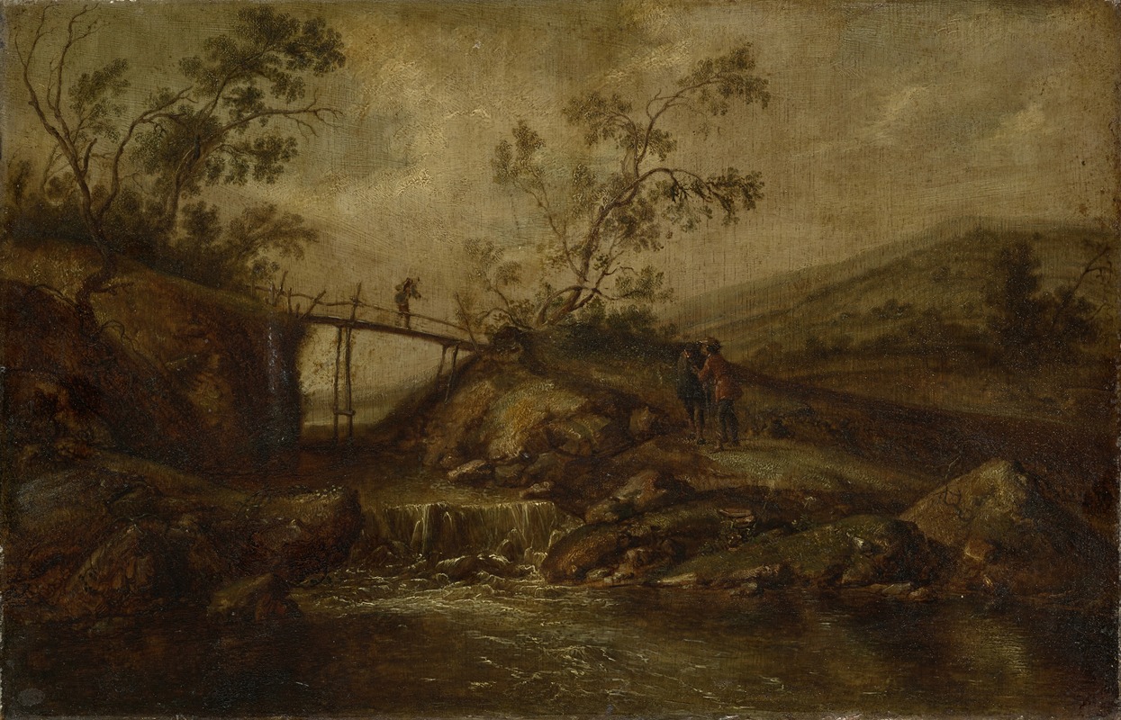François van Knibbergen - Landscape with a Cascade, Bridge and Staffage Figures