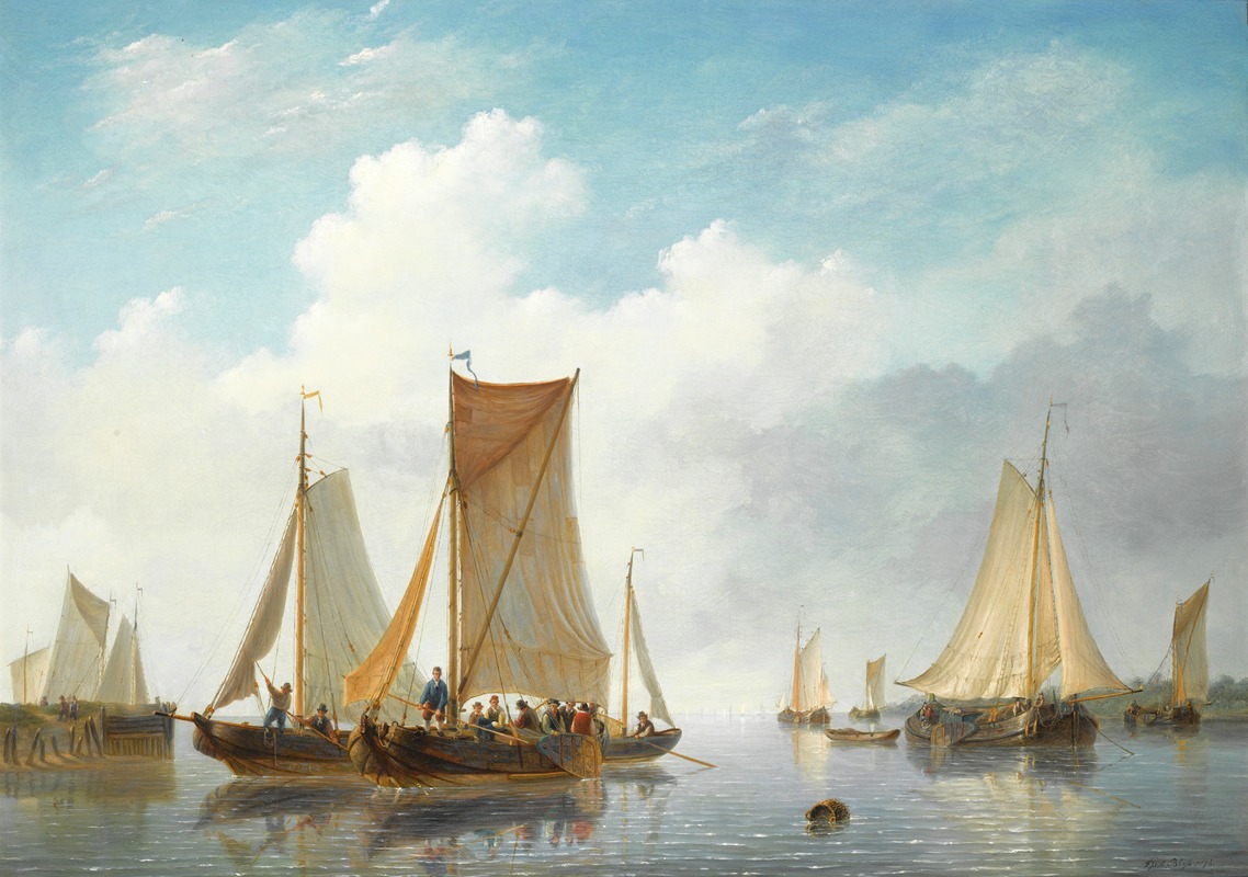 Frans Jacobus Van Den Blyk - Estuary With Vessels In Calm Water