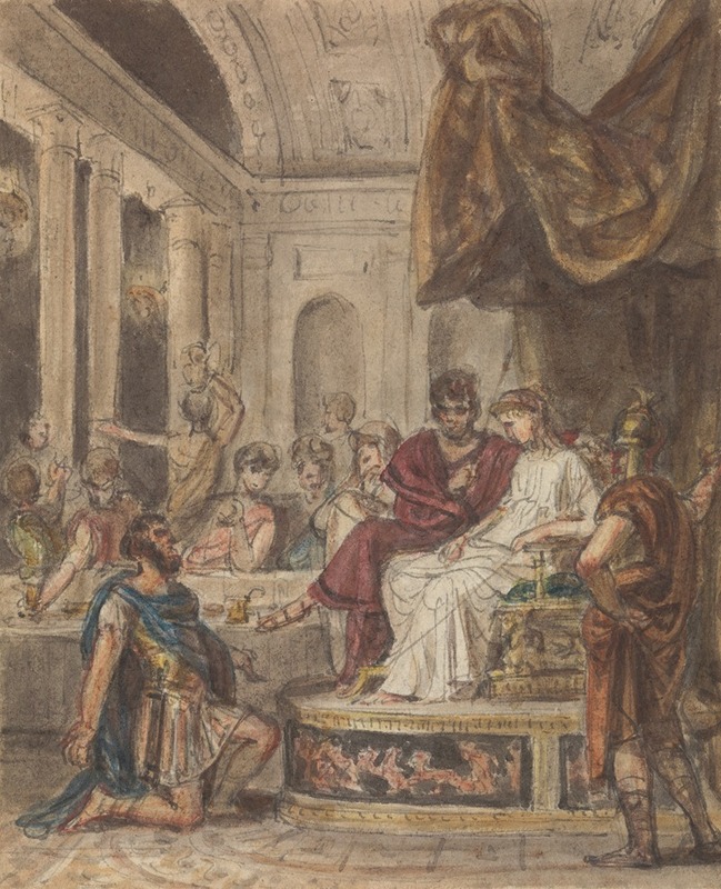 Robert Smirke - Banquet Scene, with a Roman Soldier Kneeling to a Famale Figure Sitting on a Throne