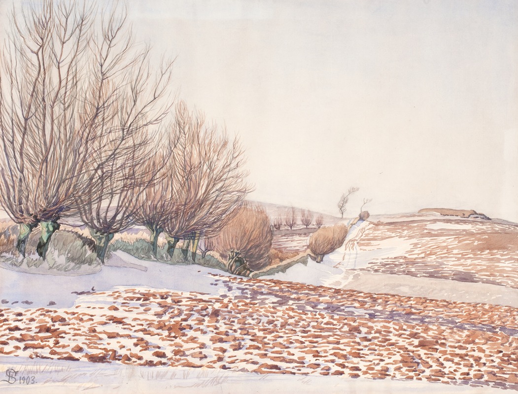 Fritz Syberg - Landskab med piletræer og pløjemark i sne