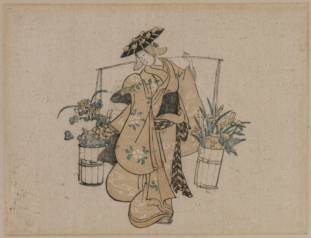 Torii Kiyomasu - A Beauty Carrying Two Buckets of Flowers