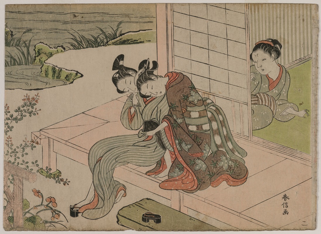 Suzuki Harunobu - Woman Watching Young Couple Embrace on a Veranda